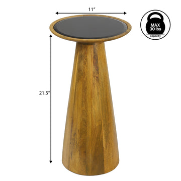Linden 21.5" Farmhouse Industrial Mango Wood Drink Table and Decorative End Table with Round Black Glass Top and Cone Pedestal Base